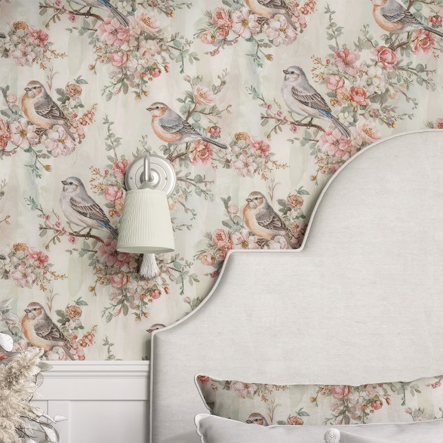 Papier Peint Oiseaux et fleurs de cerisiers sur le beige (Créateur téléchargé)