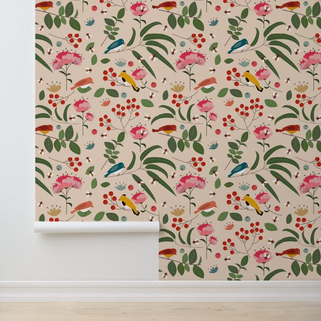 Papier Peint Oiseaux floraux dessinés à la main Abeilles Motif  (Application)