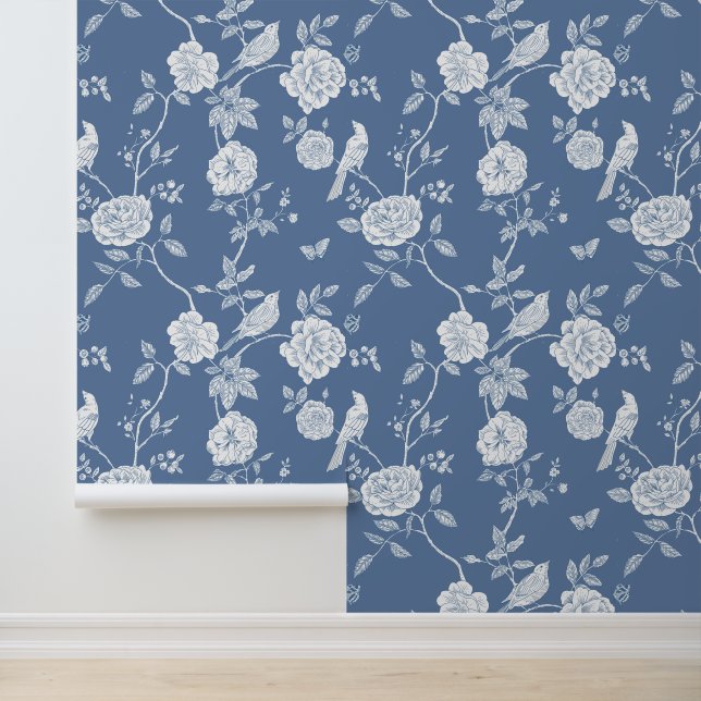 Papier Peint Oiseaux floraux élégants Toile Bleu (Application)