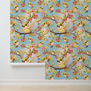 Papier Peint Oiseaux mignons et heureux parmi les fleurs du pri