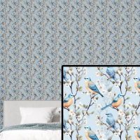 Oiseaux orange et bleus avec fleurs sur bleu pâle