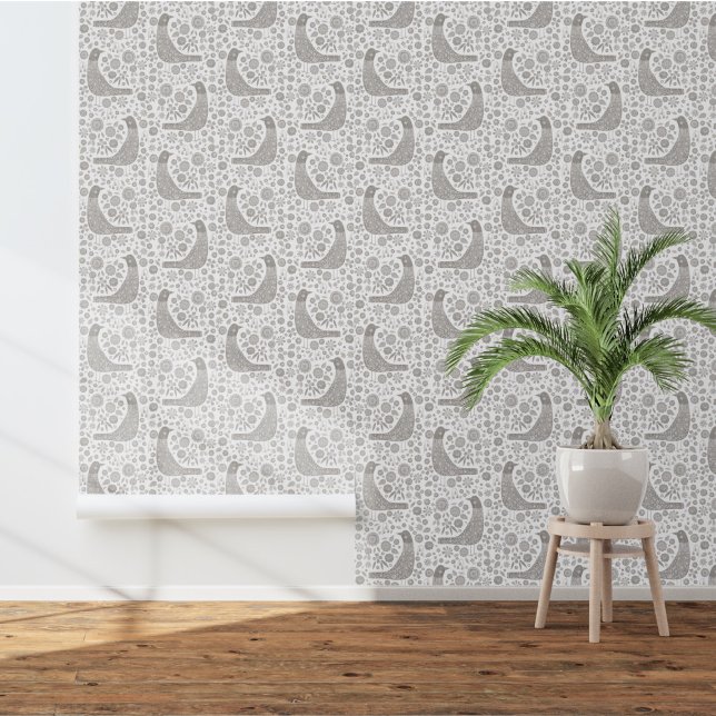 Papier Peint Oiseaux scandinaves gris blanc (Nordic Bird gray and white art wallpaper )