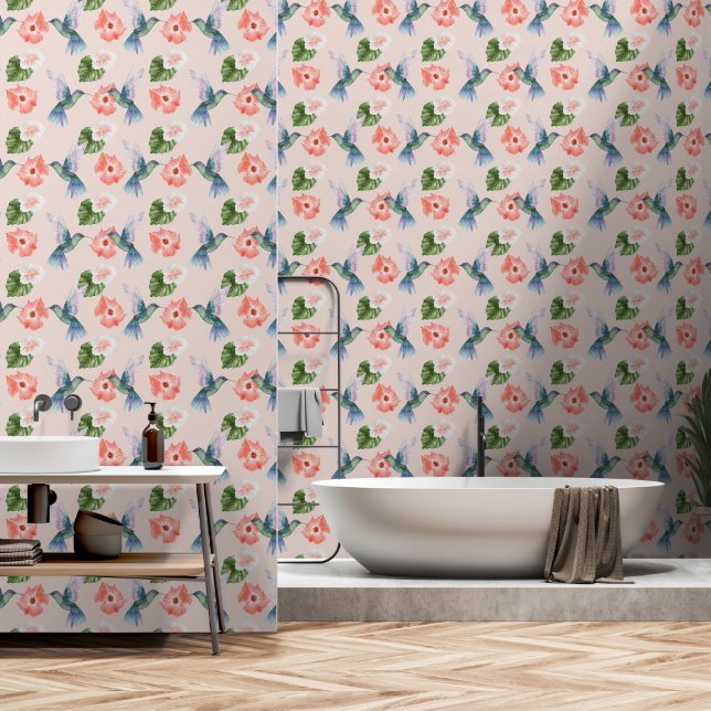 Papier Peint Oiseaux tropicaux, feuilles et fleurs (Salle de bain)