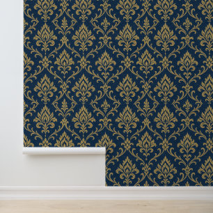 Papier Peint Or Baroque Floral bleu foncé