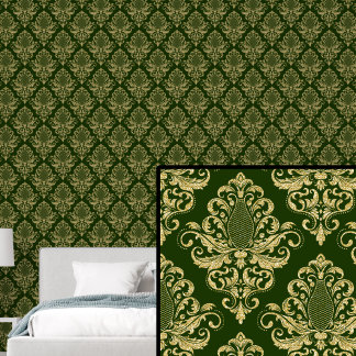 Papier Peint Or sur Rich Dark Green Classic Damask Pattern