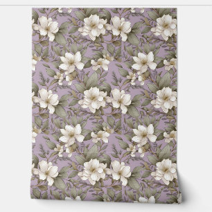 Papier Peint Or violet pastel et fleurs de magnolia blanc sauge