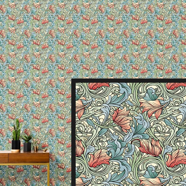 Papier Peint Orange Aqua Bleu Turquoise Art Nouveau (Créateur téléchargé)