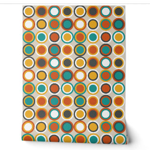 Papier Peint Orange Brown Turquoise Bleu Mid-Century Cercles Mo
