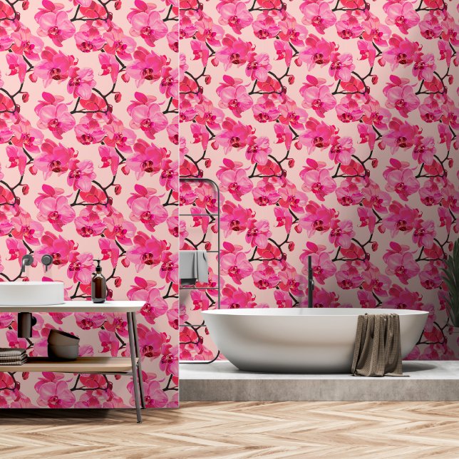 Papier Peint Orchidée rose gras floral botanique amovible (Salle de bain)