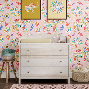 Papier Peint Orné Coloré Eléphant Décoratif Boho Floral