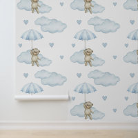 Ours Bleu Parapluie Nuages Coeurs Baby Boy Nursery