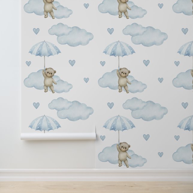 Papier Peint Ours Bleu Parapluie Nuages Coeurs Baby Boy Nursery (Application)