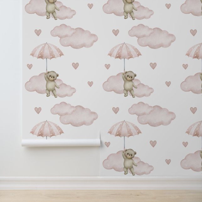 Papier Peint Ours Blush Pink Parapluie Nuages Coeurs Bébé Fille (Application)
