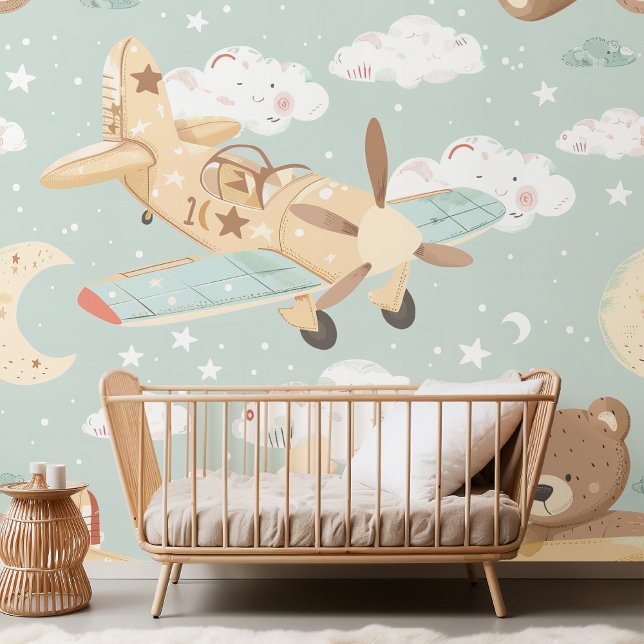 Papier Peint Ours en peluche et avion Pastel Sky (Créateur téléchargé)