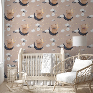 Papier Peint Ours Teddy Assis Sur Lune Soft Amber Nursery