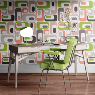 Papier Peint Ovals Rouges Saumon Rose Taupe Vert Mod Rétro
