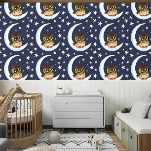 Papier Peint Owl Moon Blue Cute Stars