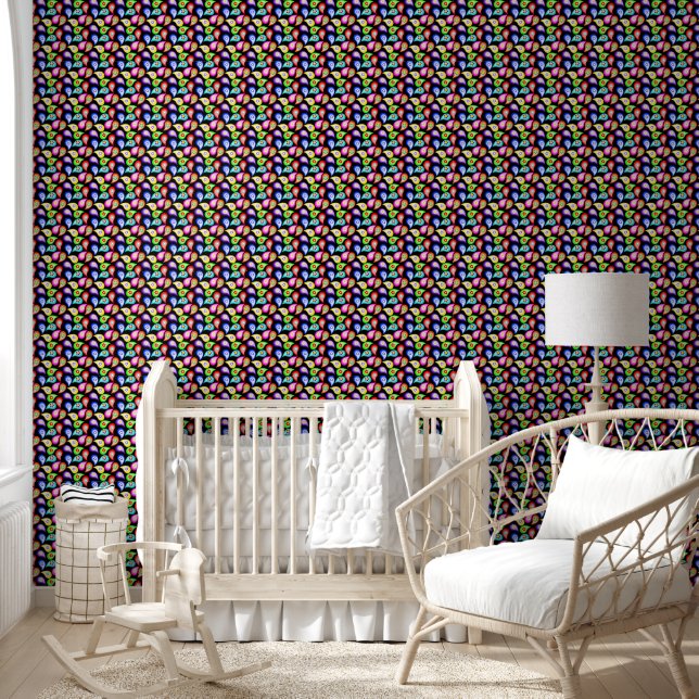 Papier Peint Paisley Signes de Paix et Fleurs sur Noir (Enfants)