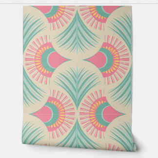 Papier Peint Palm Springs - Sunset Palms - Coral Pink and Teal 