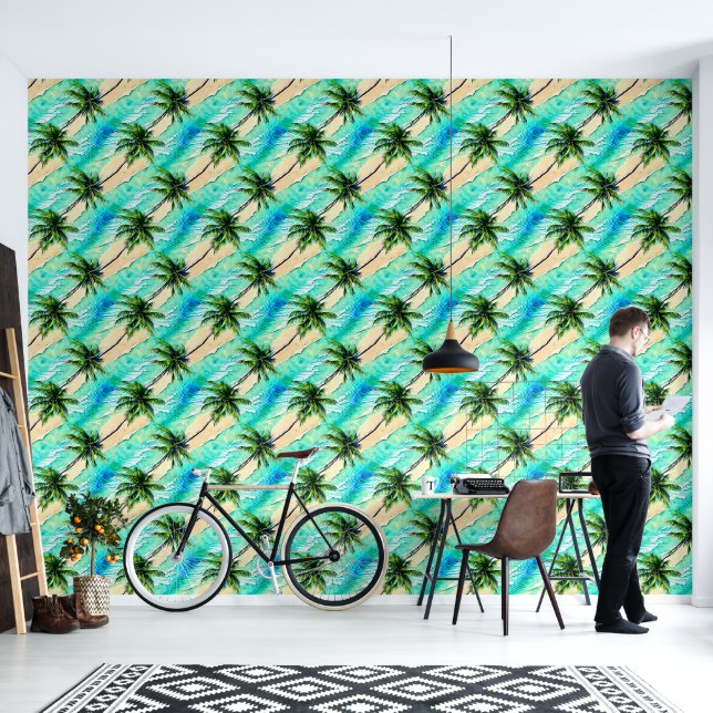 Papier Peint Palmier feuille turquoise mer motif nautique (Salon)