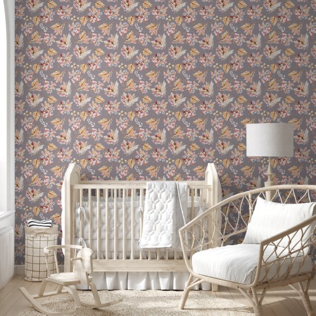 Papier Peint Pampas herbe beige rose gris motif floral (Enfants)