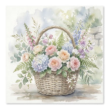 Panier floral à l'aquarelle avec roses et hortensi