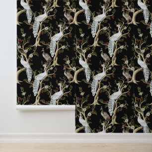 Papier Peint Paon blanc Paonie noir Chinoiserie vintage