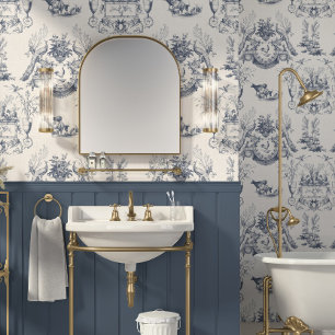 Papier Peint Paon Vintage Toile de Jouy Bleue Campagne Vaches