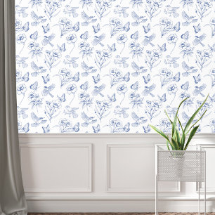 Papier Peint Papillon floral vintage bleu et blanc Toile aux oi