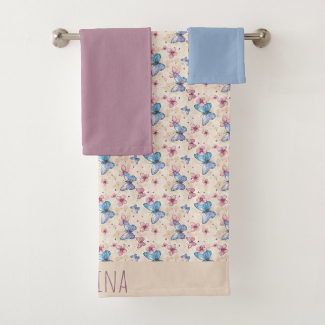 Papier peint papillon rose bleu à motif nom  (En situation)