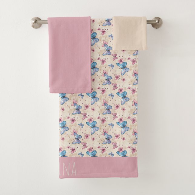 Papier peint papillon rose bleu à motif nom  (En situation)