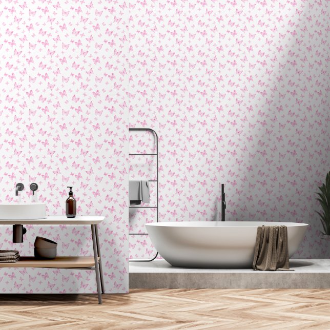 Papier Peint Papillon rose mignon Aquarelle peler et bâton (Salle de bain)