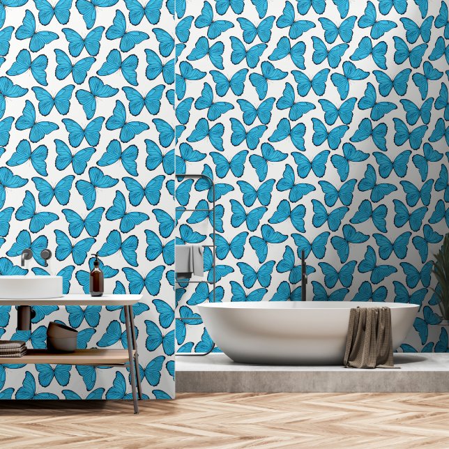 Papier Peint Papillons bleu aquarelle (Salle de bain)