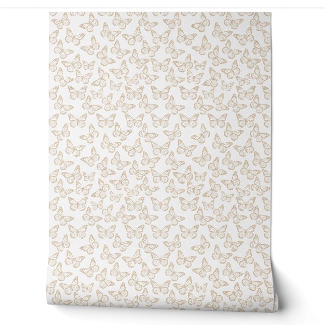 Papier Peint Papillons Élégants Fille mignonne Jolie Taupe Blan (Déroulement)
