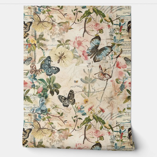 Papier Peint Papillons et fleurs vintages (Déroulement)