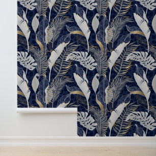 Papier Peint Pastel Grey & Gold Palm Tropical Feuille Bleu fonc