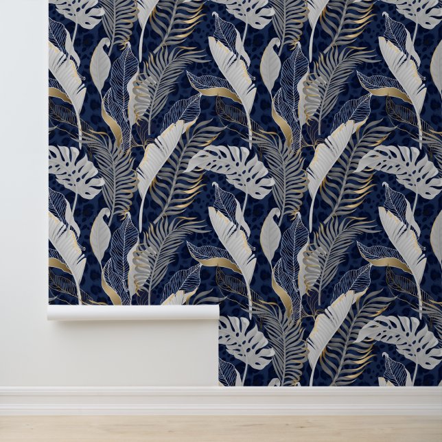Papier Peint Pastel Grey & Gold Palm Tropical Feuille Bleu fonc (Application)