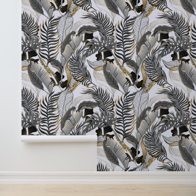 Papier Peint Pastel Grey Gold Palm Tropical Feuille Titan Blanc (Application)