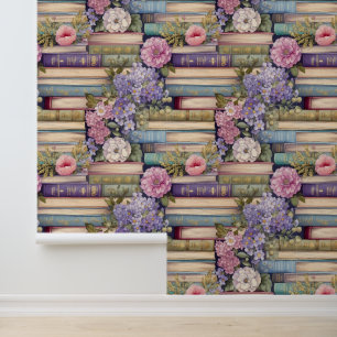 Papier Peint Pastel Livres et Fleurs Motif amovible