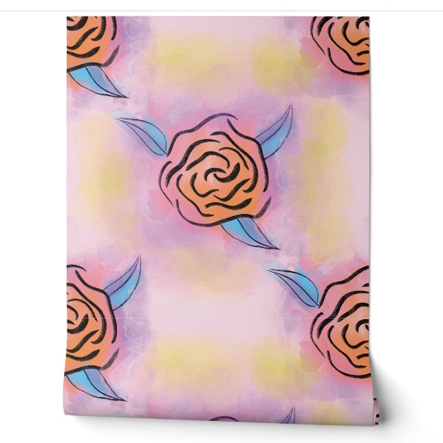 Papier Peint Pastel Rose Floral Block Prints - Bright Orange an (Déroulement)