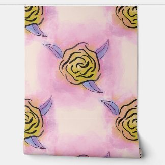 Papier Peint Pastel Rose Floral Block Prints - jaune or et