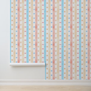 Papier Peint Pastel Stripe - Empreintes de pattes, Fleur Bleue,