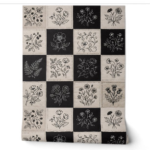 Papier Peint Patchwork Brodé à Motif Floral Botanique en Cuir