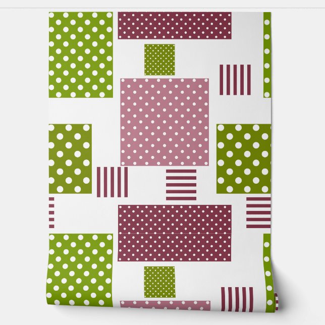 Papier Peint Patchwork brun vert pois dos blanc (Déroulement)