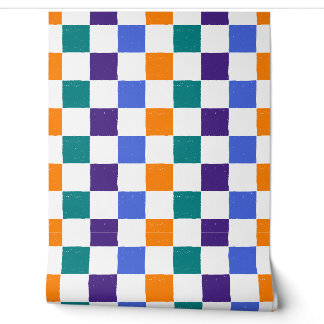 Papier Peint Patiné damier orange, Turquoise, bleu, violet