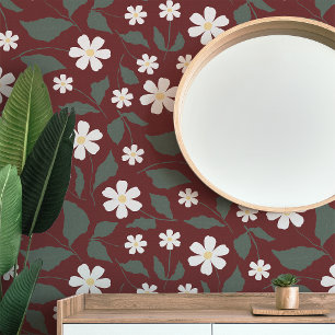 Papier Peint Patrimoine Moderne Daisy Floral Rouge Foncé & Vert