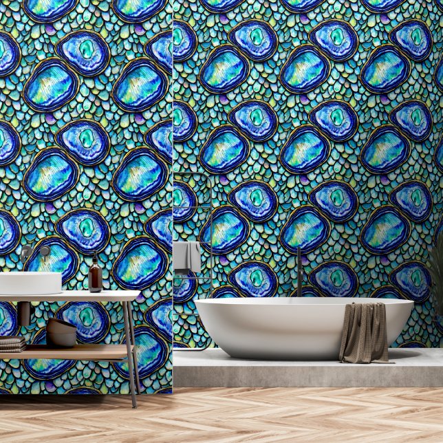 Papier Peint Paua bleu ormeau d'or coques motif géométrique (Salle de bain)
