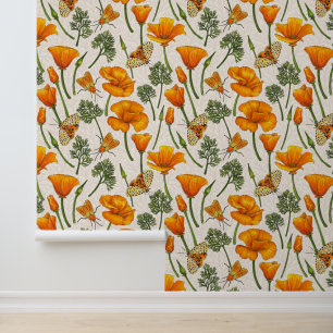 Papier Peint Pavot de Californie et papillons de nuit sur blanc