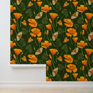Papier Peint Pavot de Californie et papillons de nuit sur vert 