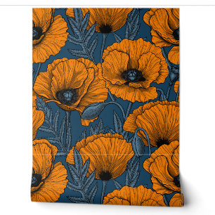 Papier Peint Pavot orange sur bleu foncé